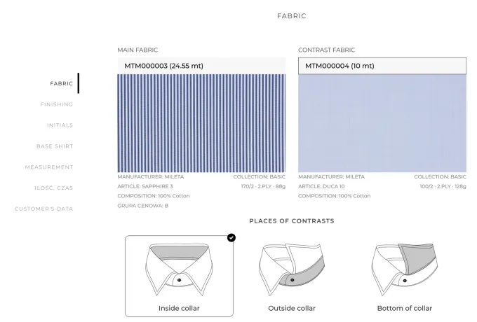 Made-to-measure shirt order form in the TailorCloth platform: main fabric, contrast fabric and where the contrast goes on the collar