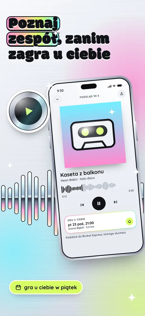 Odtwarzacz z 30 sekundami utworu Neon Babci, za nim chromowana fala dźwięku i naklejka: grają w piątek na Scenie Bąbel.