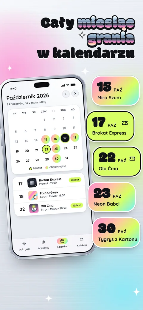 Kalendarz października w telefonie, a obok holograficzne kafelki z dniami koncertów: 15, 17, 22, 23 i 30 października.