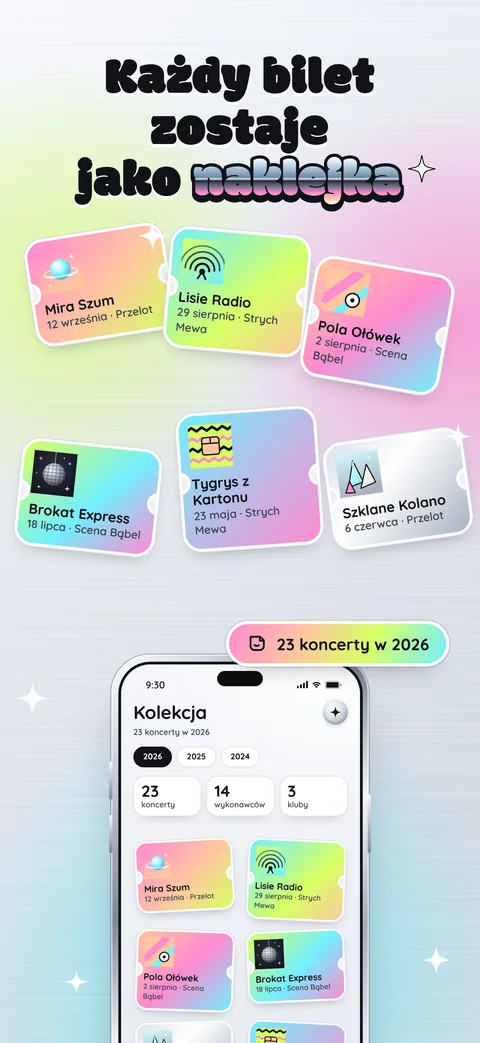 Kolaż naklejek z biletami z koncertów tego roku nad małym telefonem z kolekcją: 23 koncerty w 2026.