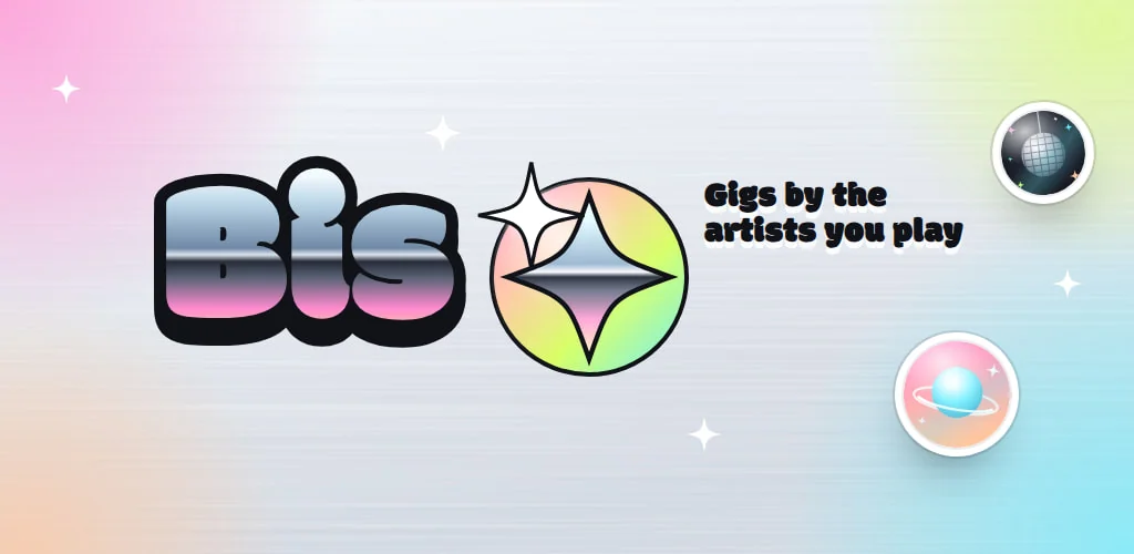 A silver background with holographic blobs, the name Bis in chrome bubble letters, sparkles and the app's promise.