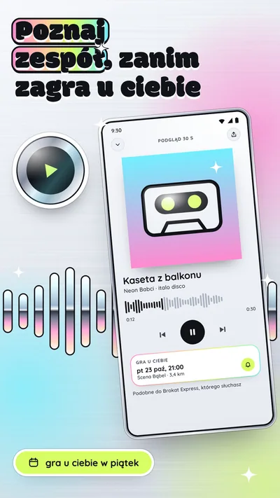 Odtwarzacz z 30 sekundami utworu Neon Babci, za nim chromowana fala dźwięku i naklejka: grają w piątek na Scenie Bąbel.