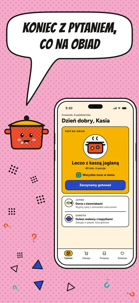 Ekran Dziś: leczo z kaszą jaglaną i wszystko w domu. Garnek z buźką mówi nagłówek, a znaki zapytania odlatują na boki.