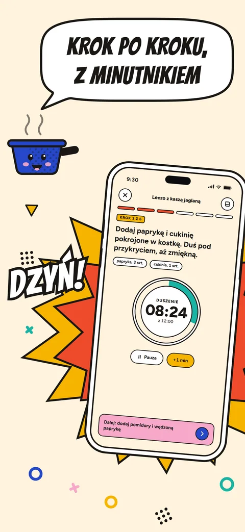Tryb gotowania leczo, krok 3 z 6 z minutnikiem na 12 minut. Za telefonem wybuch w stylu pop-art, nagłówek mówi patelnia.