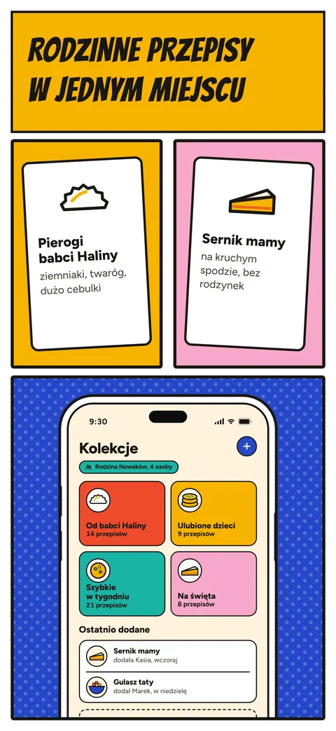 Komiksowa plansza: karta z pierogami babci Haliny, karta z sernikiem mamy i telefon z rodzinnymi kolekcjami przepisów.