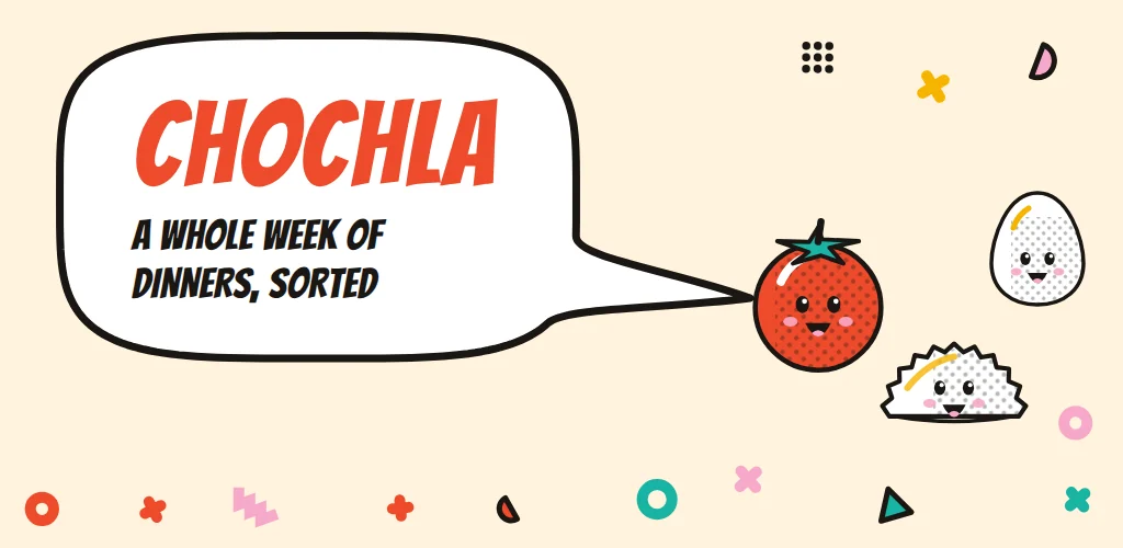 Cream ground with Memphis confetti, a speech bubble with the name Chochla and its promise, and a smiling tomato, pierog and egg.