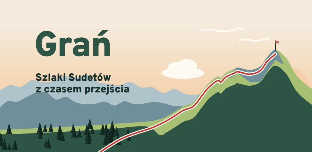 Grzbiet Sudetów o zachodzie słońca z czerwonym szlakiem, nazwa Grań i hasło o szlakach z czasem przejścia.