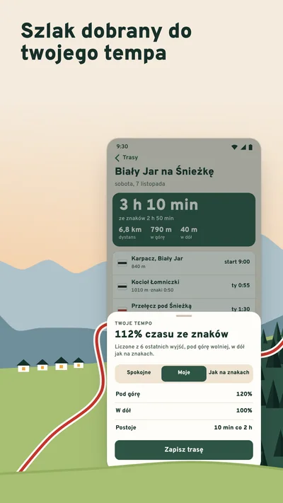 Plan trasy z otwartym ustawieniem tempa: czas liczony z ostatnich wyjść, 3 godziny 10 minut zamiast 2 godzin 50 minut ze znaków.