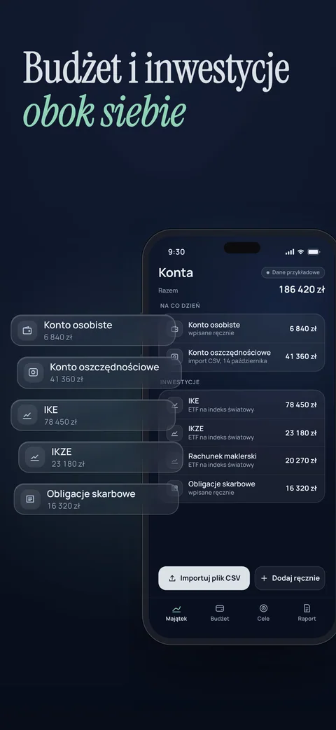 Lista kont w telefonie, a obok szklane karty: konto osobiste, oszczędnościowe, IKE, IKZE i obligacje. Dane przykładowe.