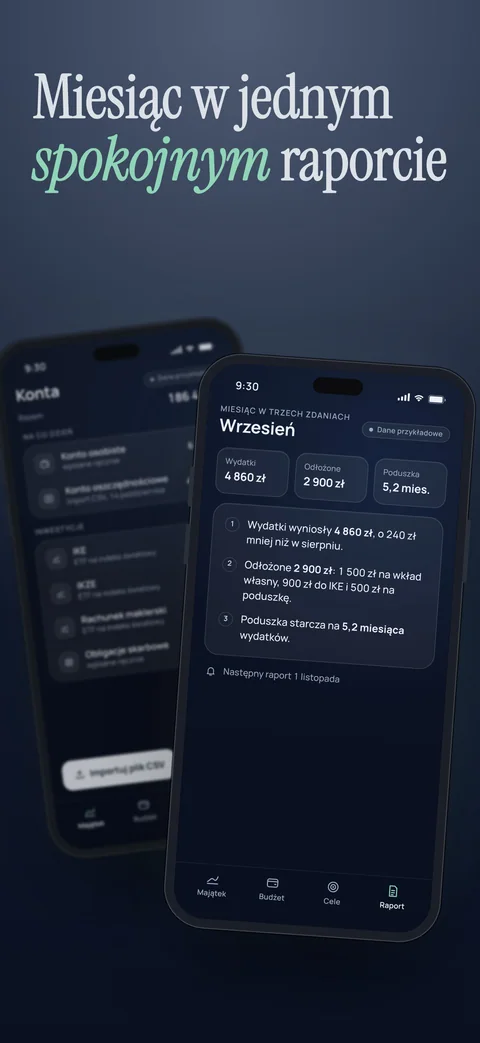Dwa telefony jeden na drugim: z przodu raport za wrzesień w trzech zdaniach i trzech liczbach, z tyłu lista kont.