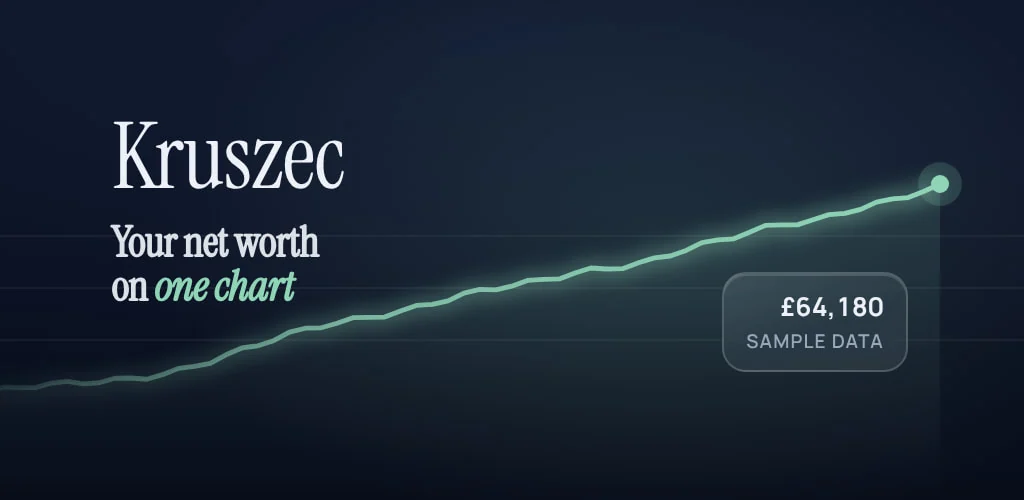 A deep navy background crossed by a calm net worth line with a soft glow, the name Kruszec and the app's promise.