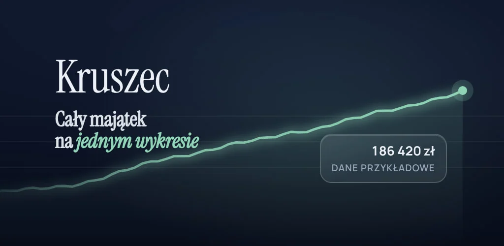 Granatowe tło, przez które biegnie spokojna linia majątku z delikatną poświatą, nazwa Kruszec i obietnica aplikacji.