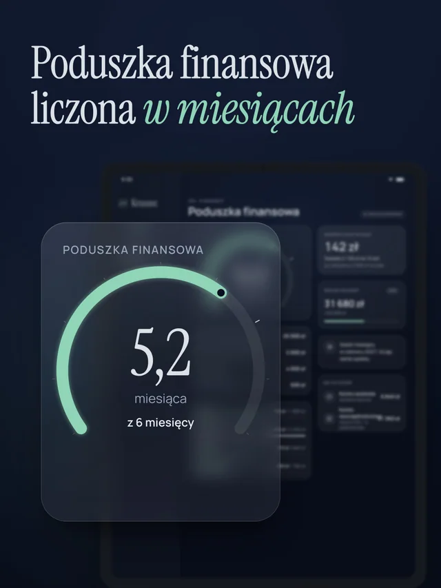 Duża szklana karta z miernikiem: poduszka starcza na 5,2 miesiąca wydatków, cel to 6. Za nią rozmyty telefon.