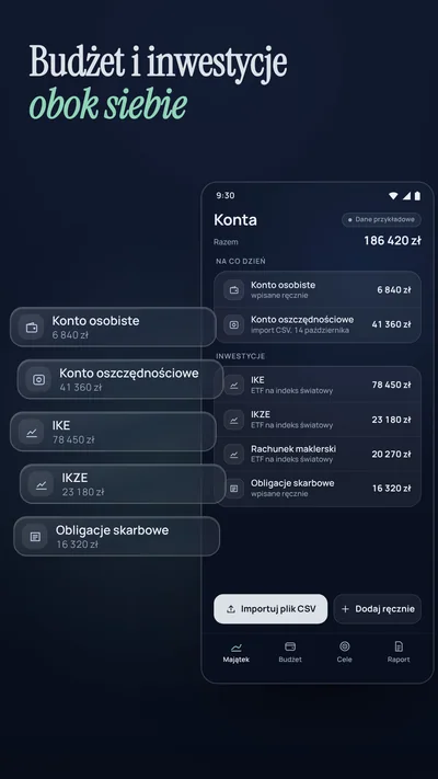 Lista kont w telefonie, a obok szklane karty: konto osobiste, oszczędnościowe, IKE, IKZE i obligacje. Dane przykładowe.