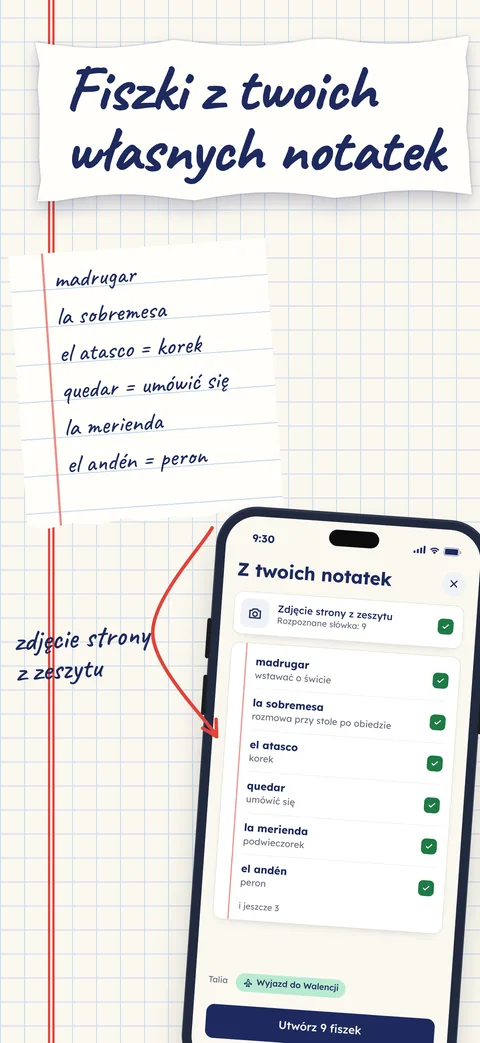 Kartka z zeszytu z odręczną listą hiszpańskich słówek, a strzałka prowadzi do telefonu, który robi z niej dziewięć fiszek.