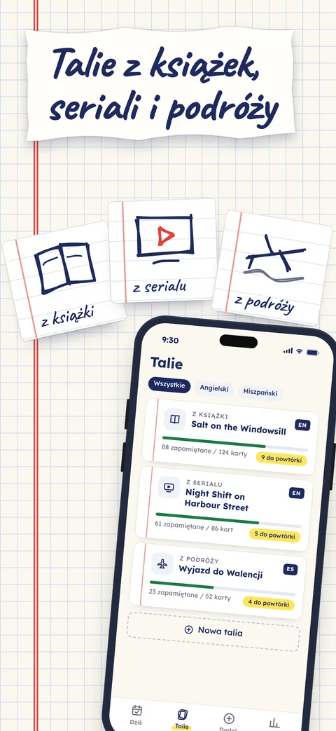 Lista talii: książka po angielsku, serial i wyjazd do Walencji po hiszpańsku. Trzy papierowe karty z rysunkami wychodzą z telefonu.