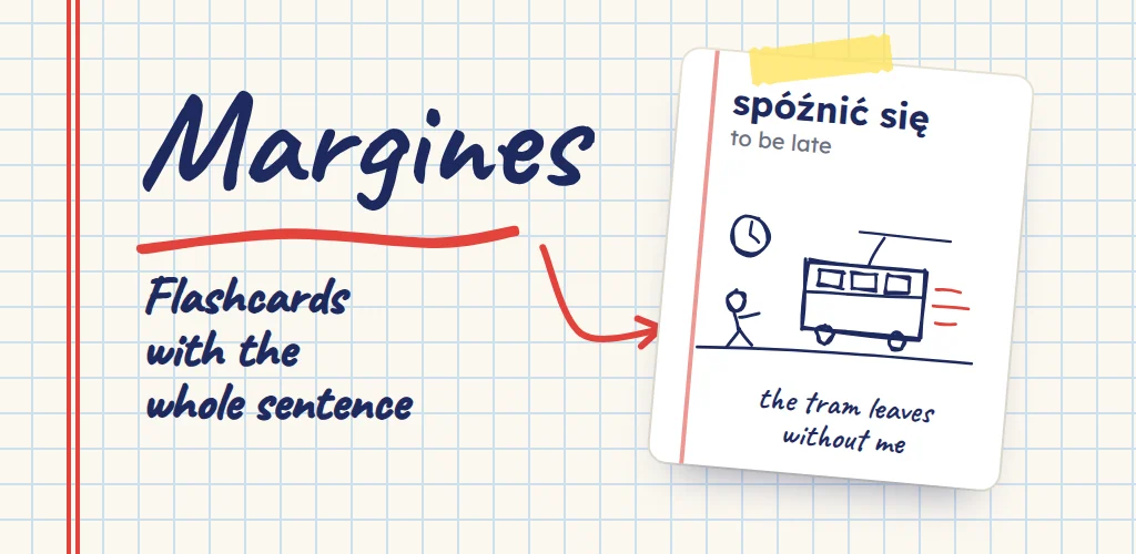 Graph paper, the name Margines handwritten and underlined in red, and a flashcard with a tram doodle that an arrow points to.