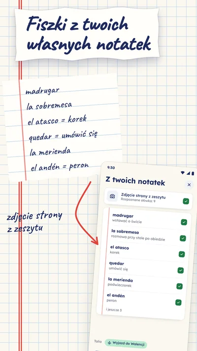 Kartka z zeszytu z odręczną listą hiszpańskich słówek, a strzałka prowadzi do telefonu, który robi z niej dziewięć fiszek.