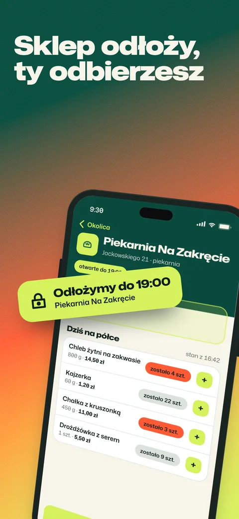 Strona piekarni z dzisiejszym towarem i liczbą sztuk na półce. Odznaka z godziną odłożenia do 19:00 wychodzi z ekranu.