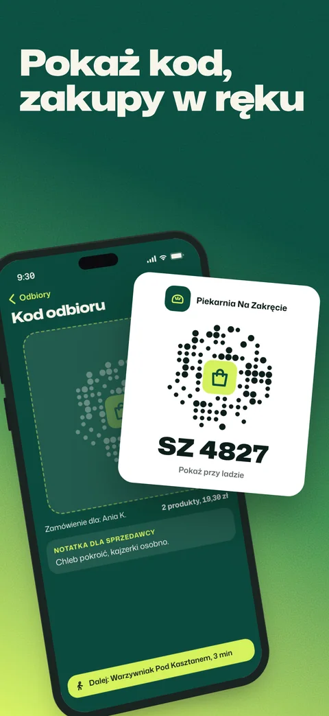 Kod odbioru SZ 4827 z rysowanym wzorem do zeskanowania i notatką dla sprzedawcy. Karta z kodem wysuwa się przed telefon.