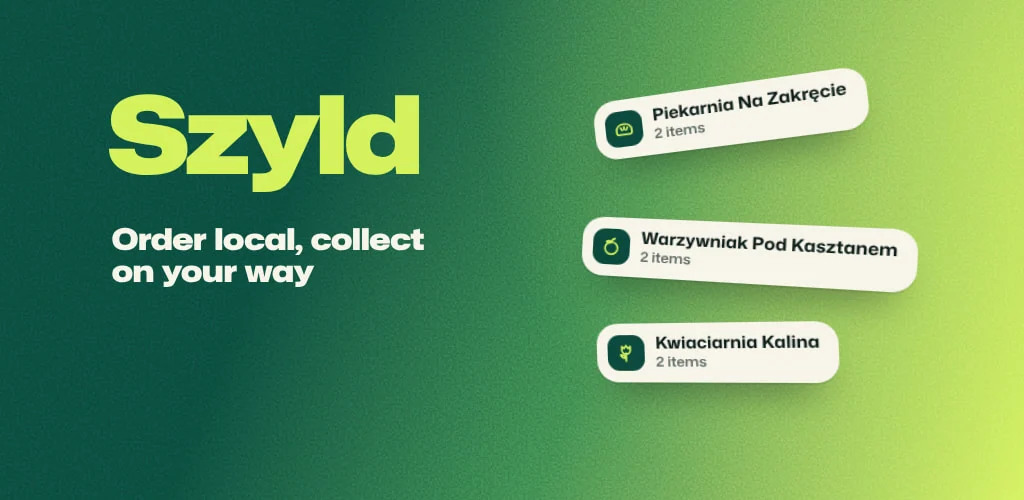 Green to lime gradient with grain, the name Szyld, the line about ordering local and three shop tags in perspective.