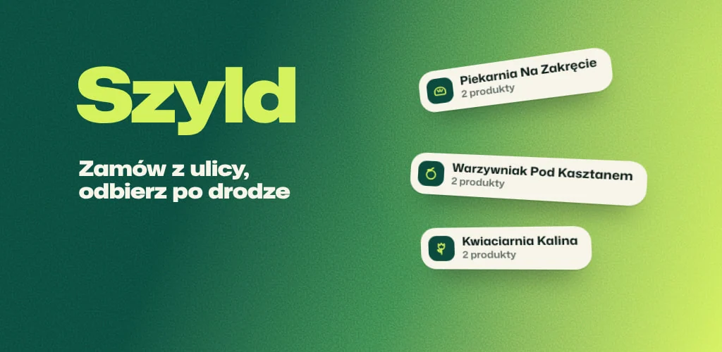 Zielono-limonkowy gradient z ziarnem, nazwa Szyld, hasło o zamawianiu z ulicy i trzy etykiety sklepów w perspektywie.