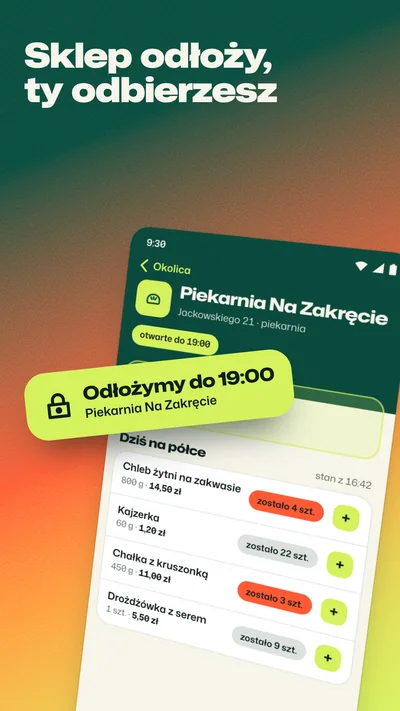 Strona piekarni z dzisiejszym towarem i liczbą sztuk na półce. Odznaka z godziną odłożenia do 19:00 wychodzi z ekranu.