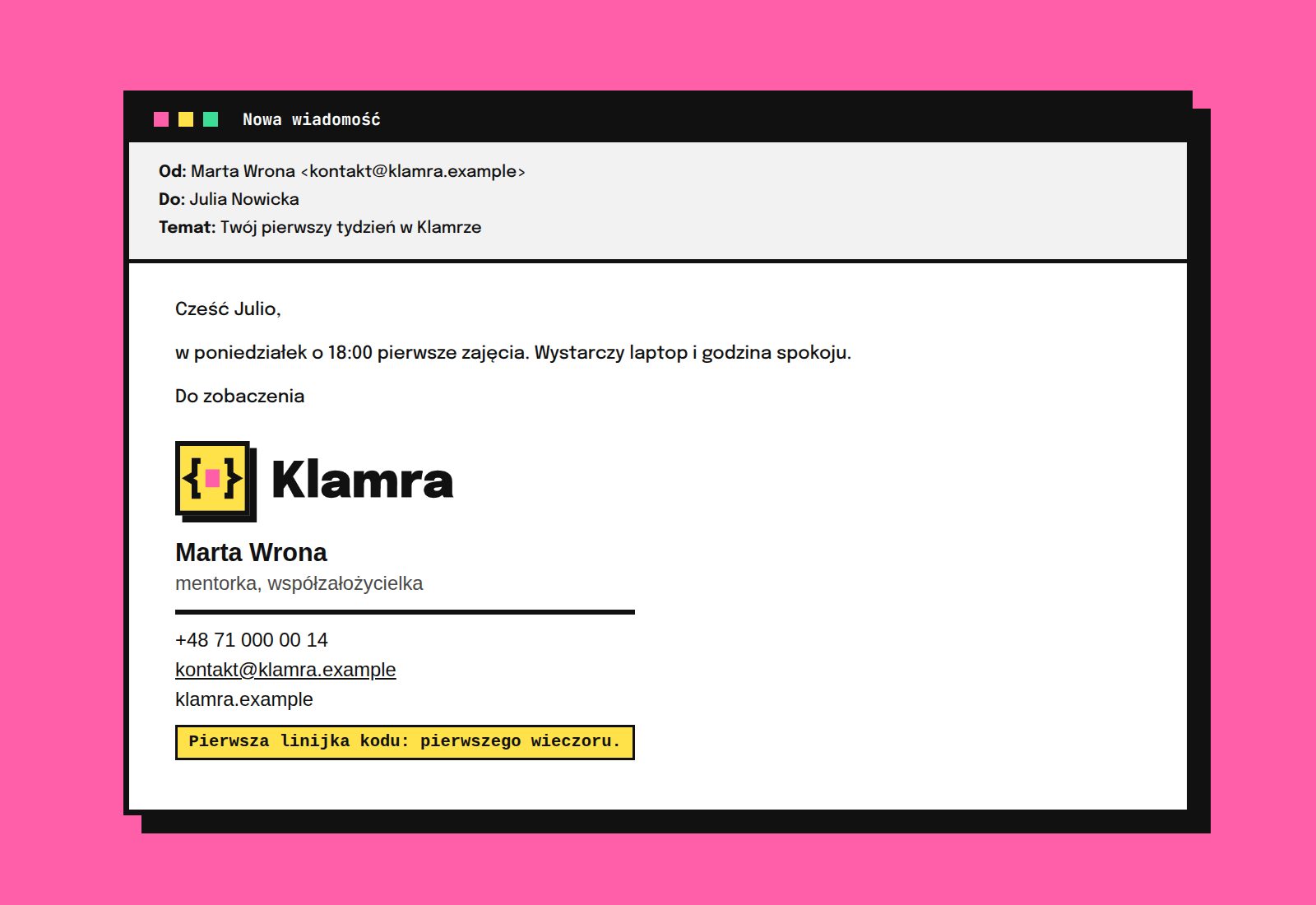 Podpis e-mail Klamry z poziomym logo, telefonem i adresem strony.