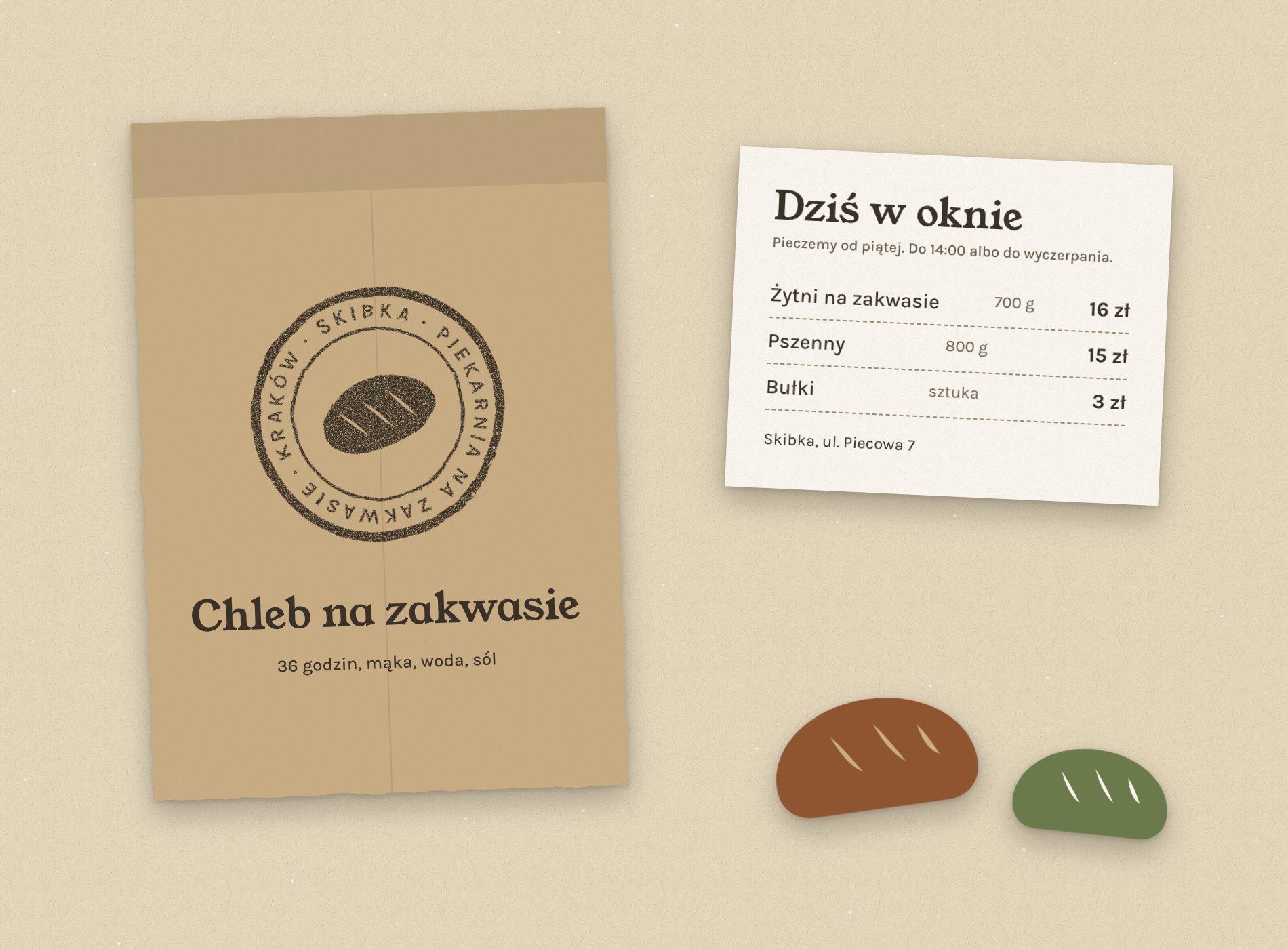 Papierowa torba kraft z pieczątką Skibki i etykieta z listą dzisiejszych bochenków.