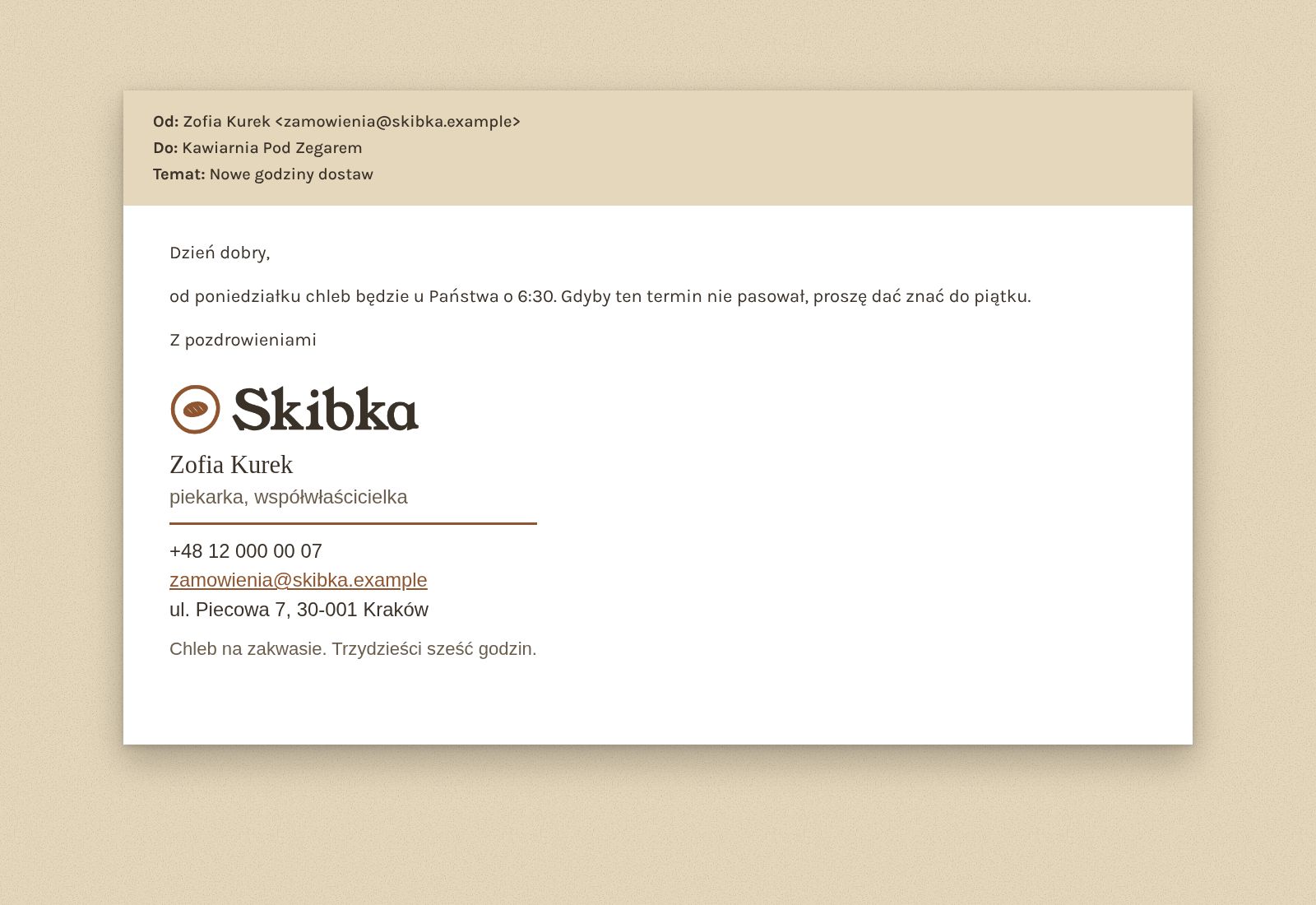 Podpis e-mail Skibki z poziomym logo, telefonem i adresem.