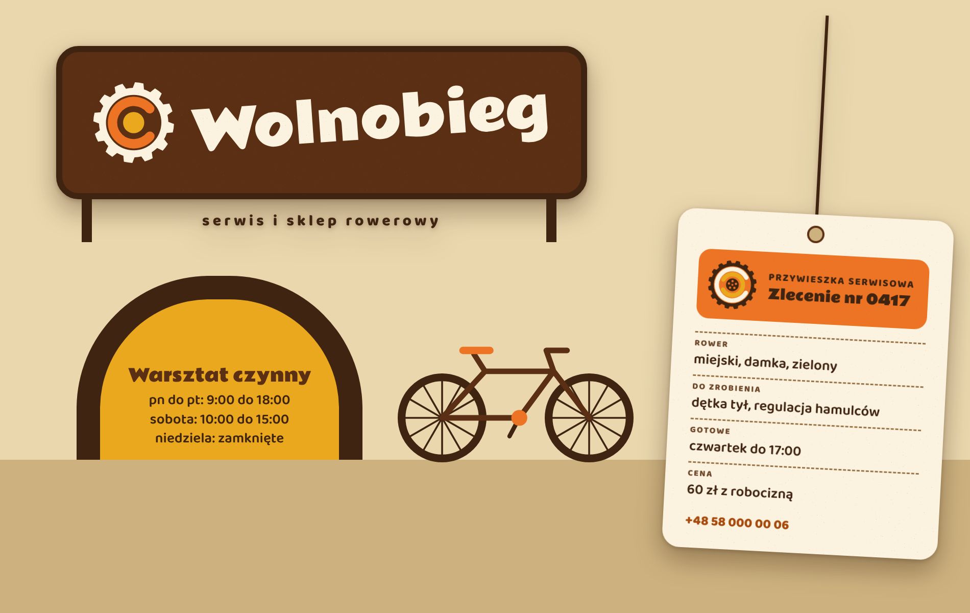 Szyld nad drzwiami warsztatu rowerowego Wolnobieg i przywieszka serwisowa z numerem zlecenia.