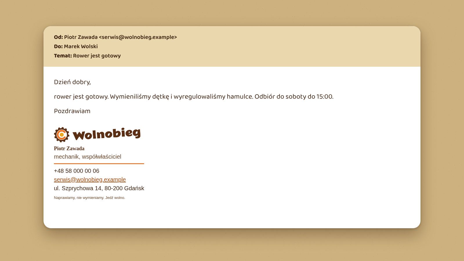 Podpis e-mail Wolnobiegu z poziomym logo, telefonem i adresem.