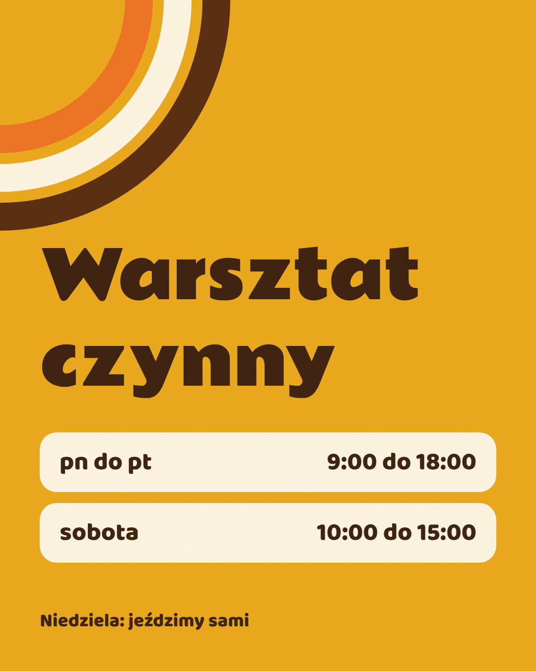 Post w mediach społecznościowych: Warsztat czynny pn do pt 9:00 do 18:00, sobota 10:00 do 15:00